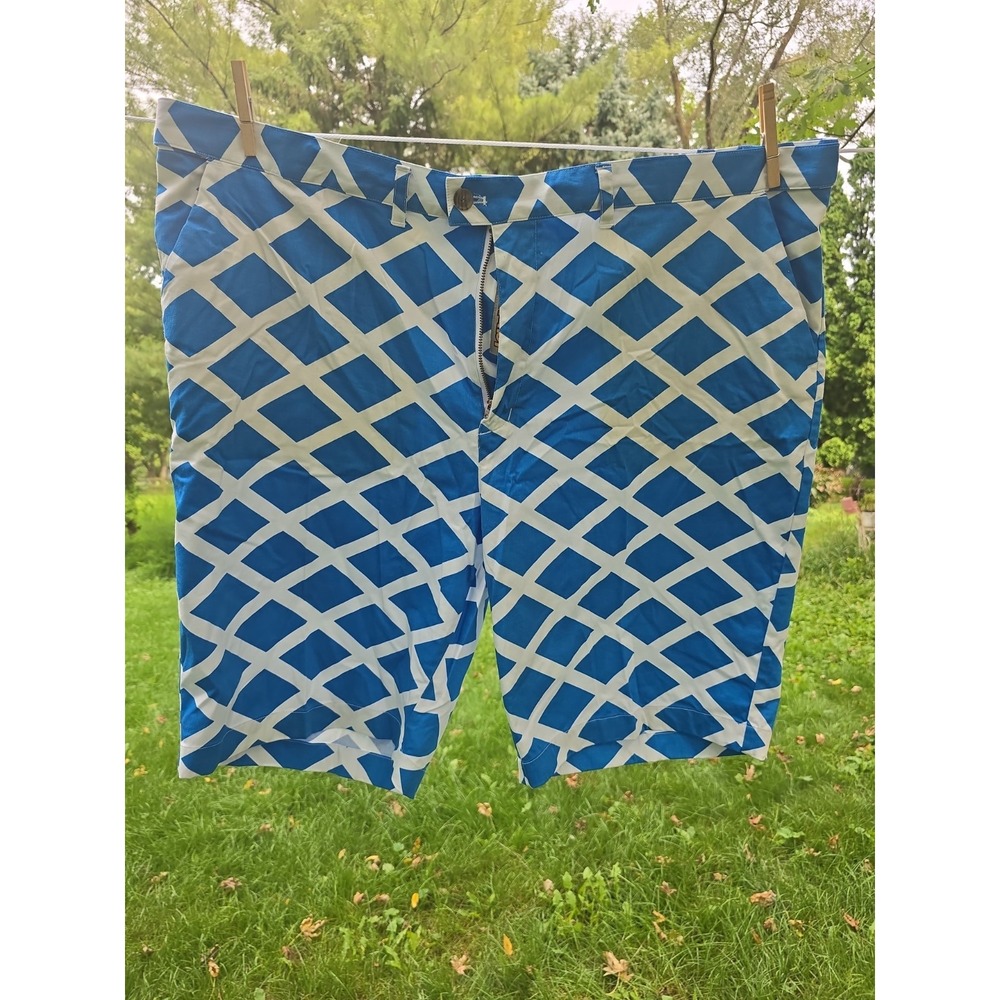 Loudmouth Golf Shorts Mens 48 Blue White Geometric Argyle Pattern Cotton Stretch